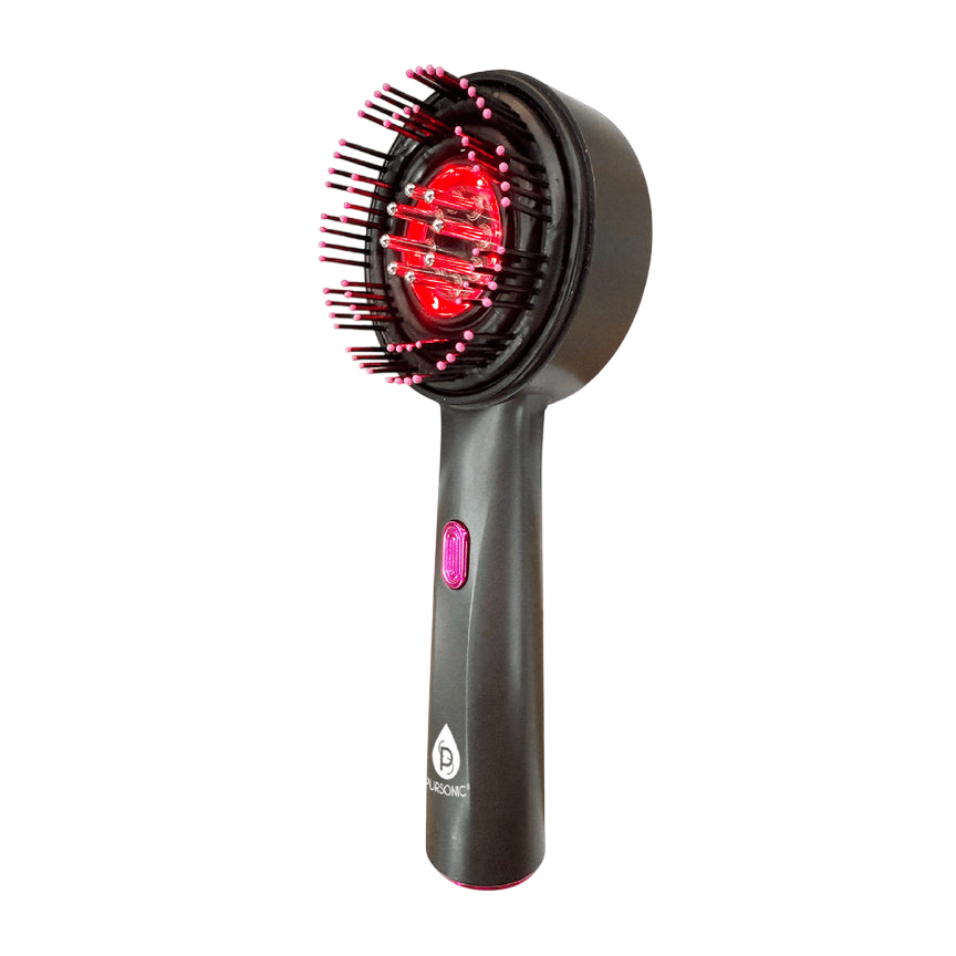 A handheld pet grooming brush with a built-in red light feature, designed for easy detangling and possibly therapeutic benefits.