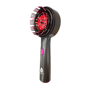 A handheld pet grooming brush with a built-in red light feature, designed for easy detangling and possibly therapeutic benefits.