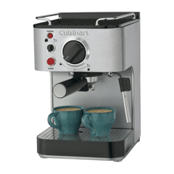 Cuisinart espresso machine with dual spouts dispensing coffee into two teal cups, featuring a control dial and indicator lights.