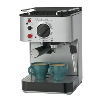 Cuisinart espresso machine with dual spouts dispensing coffee into two teal cups, featuring a control dial and indicator lights.