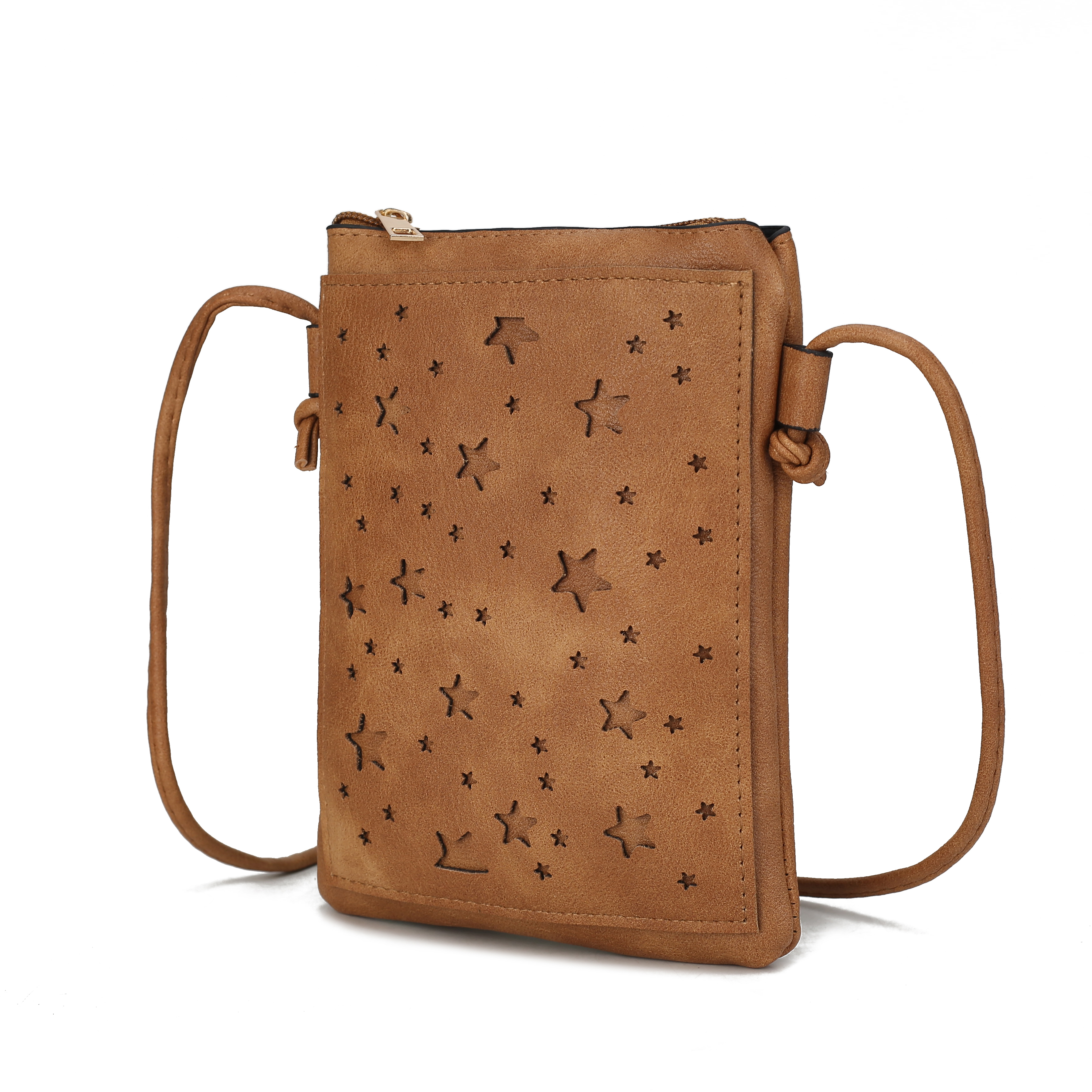A brown faux-leather crossbody bag with an adjustable strap and a pattern of perforated stars and birds.