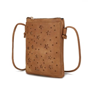 A brown faux-leather crossbody bag with an adjustable strap and a pattern of perforated stars and birds.