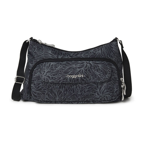 Black shoulder bag with a gray leaf pattern and adjustable strap.