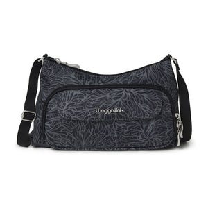Black shoulder bag with a gray leaf pattern and adjustable strap.