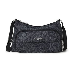 Black shoulder bag with a gray leaf pattern and adjustable strap.