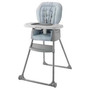A gray high chair with a light blue padded seat featuring a safety harness, removable tray, and wheels for easy mobility.