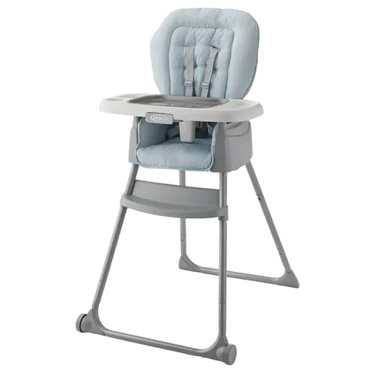 A gray high chair with a light blue padded seat featuring a safety harness, removable tray, and wheels for easy mobility.