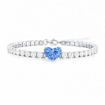 A bracelet featuring a line of clear stones and a central heart-shaped blue gemstone with a lobster clasp closure.