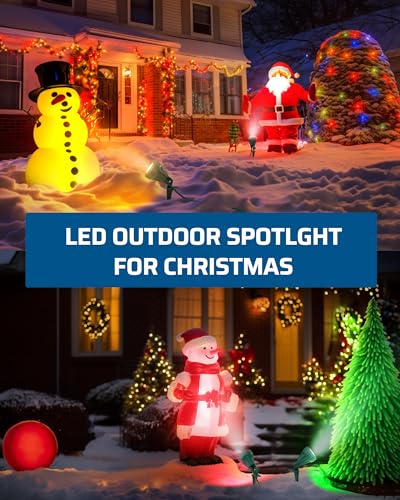 LED outdoor spotlight for Christmas featuring illuminated decorations like snowmen and Santa Claus in a snowy yard.