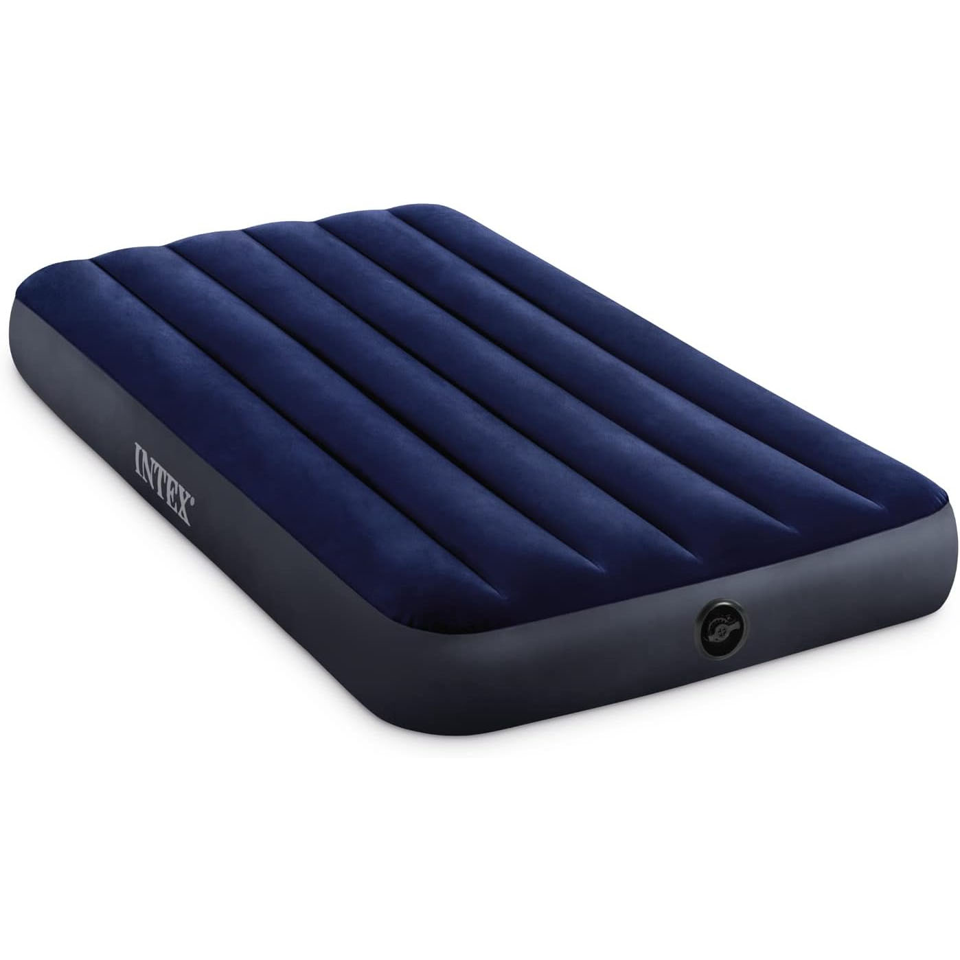 Intex inflatable air mattress with a blue, ribbed surface and built-in pump.