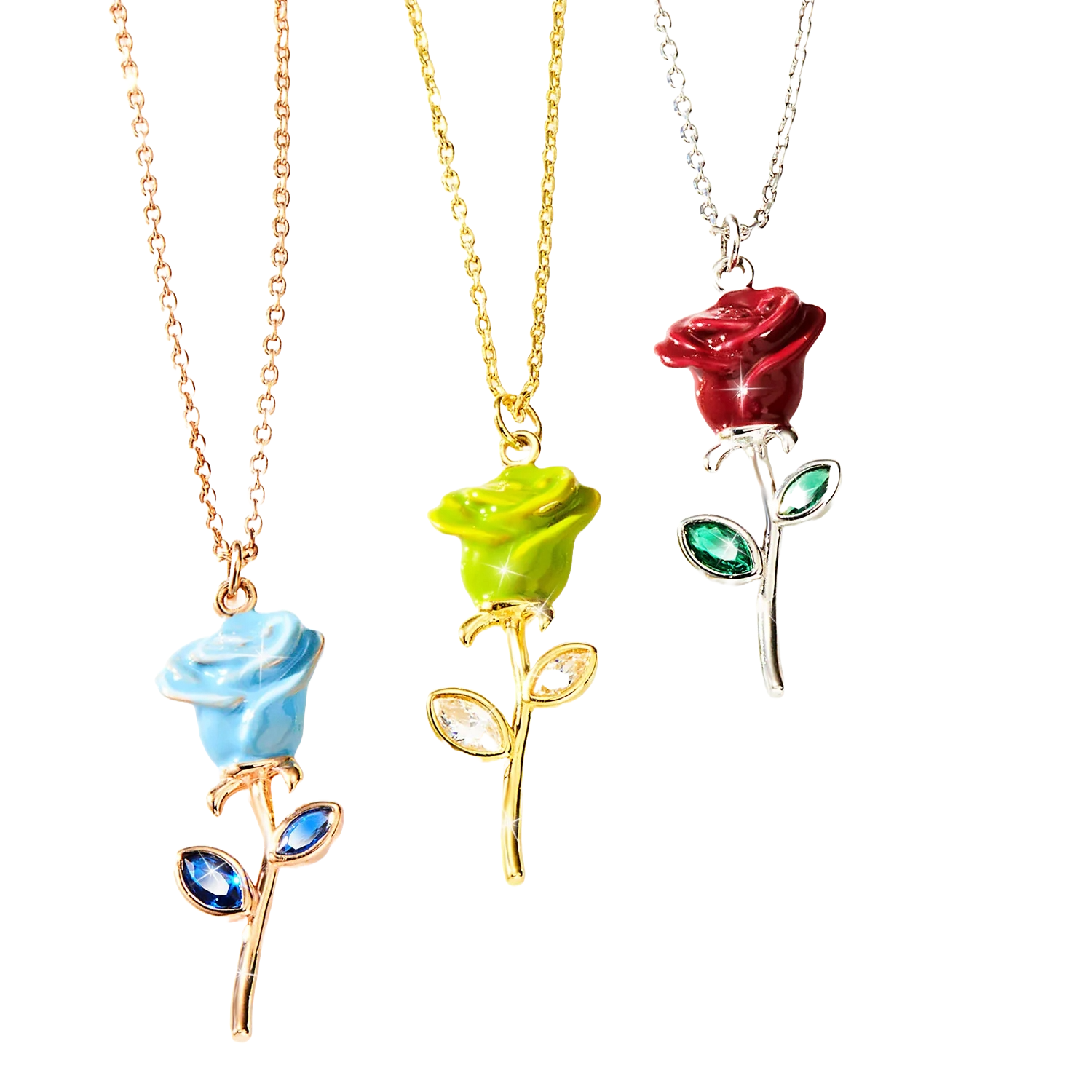 Three Custom Rose Birthstone Necklaces, each featuring a different colored rose—blue, green, and red—on gold or silver chains, with matching gemstone leaves as accents.