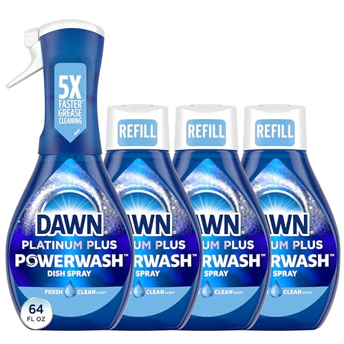 Four bottles of Dawn Platinum Plus Powerwash Fresh Scent dish spray with one spray nozzle and three refill containers.
