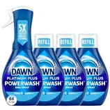 Four bottles of Dawn Platinum Plus Powerwash Fresh Scent dish spray with one spray nozzle and three refill containers.