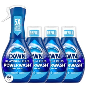 Four bottles of Dawn Platinum Plus Powerwash Fresh Scent dish spray with one spray nozzle and three refill containers.