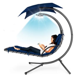 LED-lit hanging patio chair with a curved metal frame, cushioned seat, and a canopy for shade. Features LED lights for evening use, hanging design allowing gentle swinging, and a compact footprint for patios or gardens.