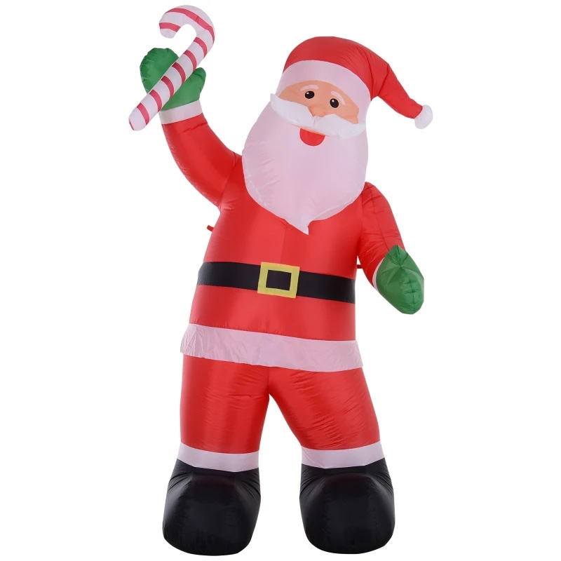An 8-foot-tall inflatable Santa Claus wearing his traditional red and white suit, waving with one hand and holding a green and white candy cane in the other.