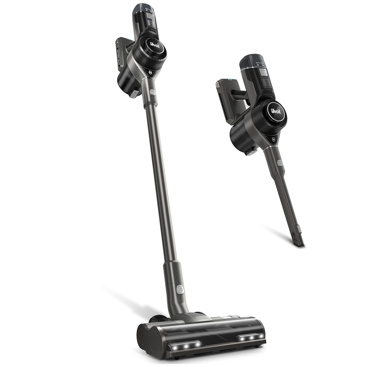 Cordless stick vacuum cleaner with a detachable handheld unit, featuring a motorized brush head and LED lights.