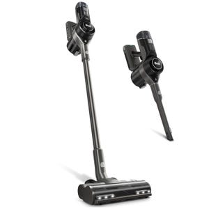 Cordless stick vacuum cleaner with a detachable handheld unit, featuring a motorized brush head and LED lights.