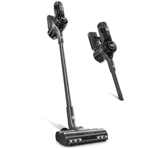 Cordless stick vacuum cleaner with a detachable handheld unit, featuring a motorized brush head and LED lights.