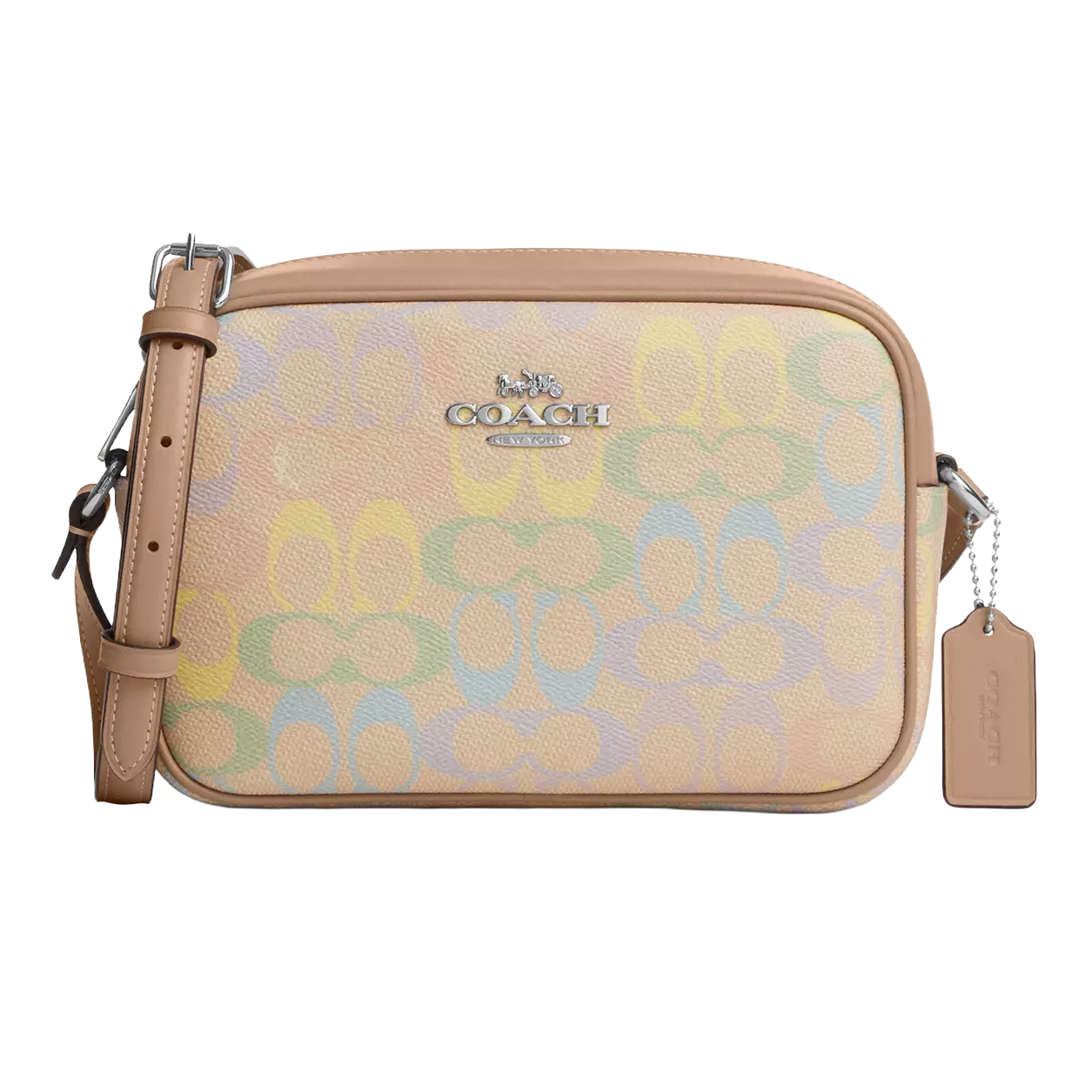 A Coach crossbody bag with a light tan strap, featuring a pastel multi-color signature pattern and a silver logo.