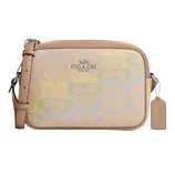 A Coach crossbody bag with a light tan strap, featuring a pastel multi-color signature pattern and a silver logo.