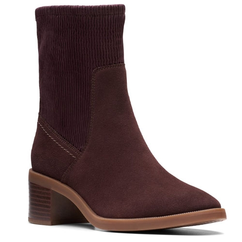 A brown ankle boot with a ribbed fabric upper and a block heel.