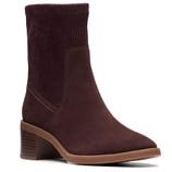 A brown ankle boot with a ribbed fabric upper and a block heel.