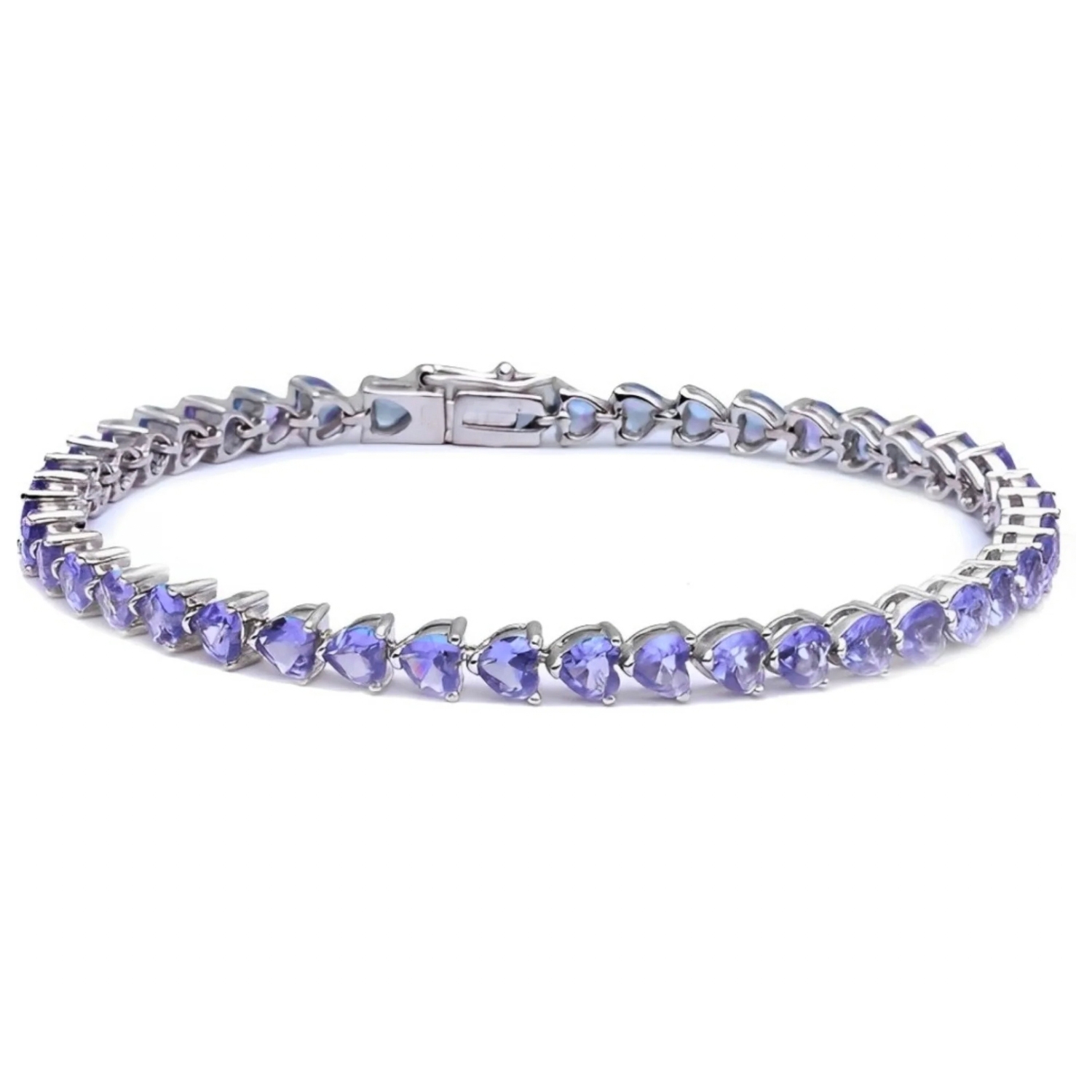 Silver bracelet with purple heart-shaped gemstones and a clasp closure.