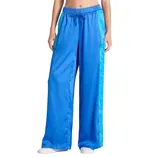 Blue wide-leg satin pants with an elastic waistband and drawstring, featuring an aqua side stripe.
