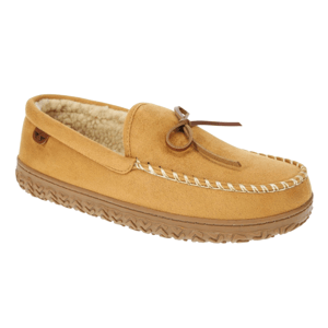 Tan suede moccasin-style slipper with a shearling lining, leather lace detail, and a textured rubber outsole.