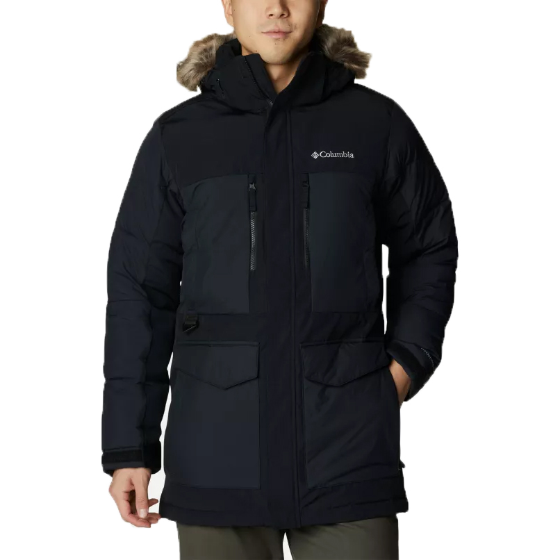 A black Columbia winter parka with a faux fur-lined hood, featuring multiple front pockets and a zip-up design.