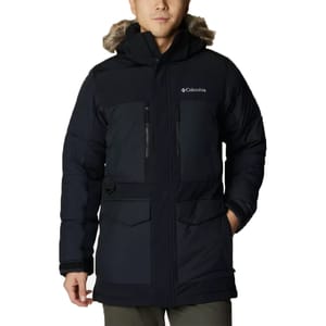A black Columbia winter parka with a faux fur-lined hood, featuring multiple front pockets and a zip-up design.