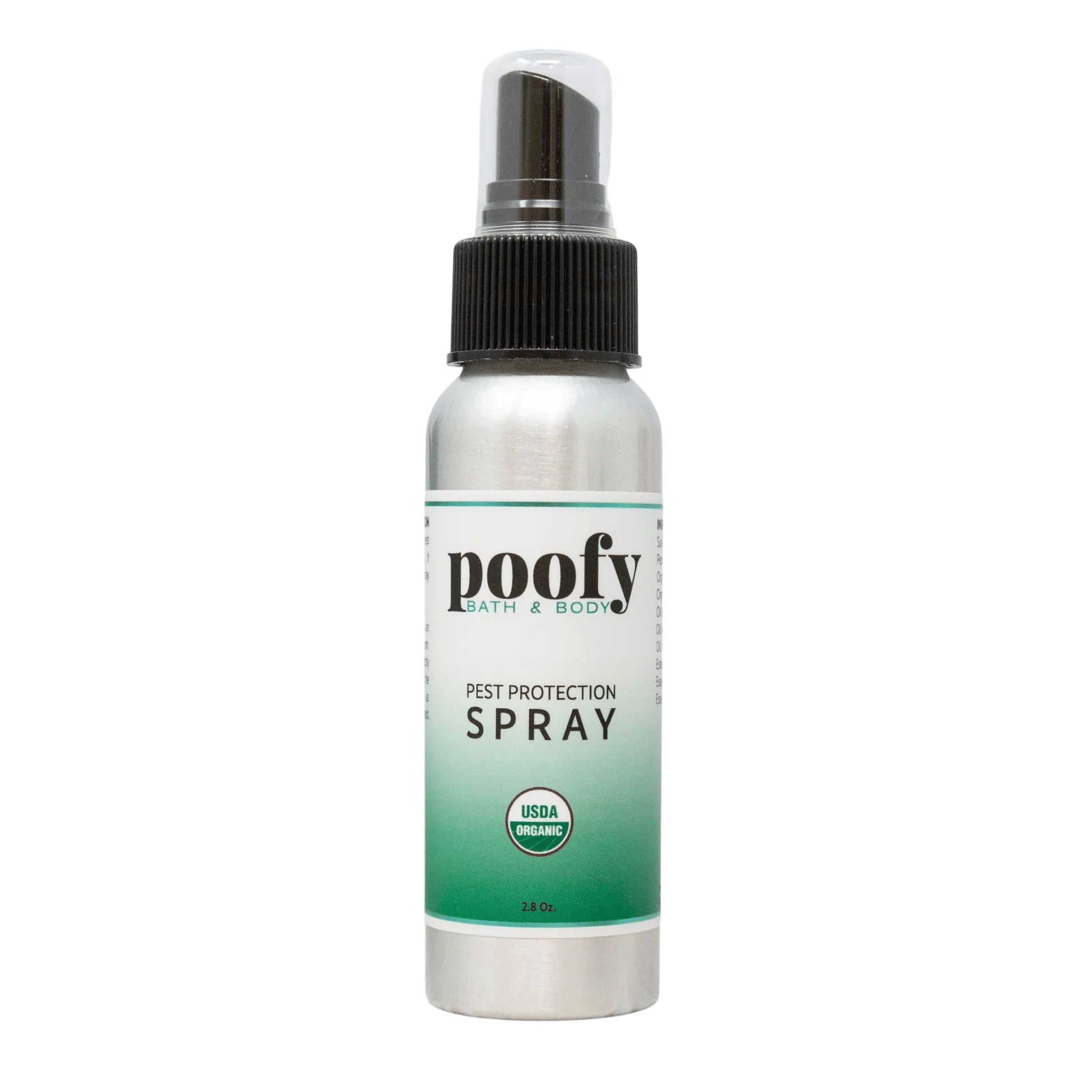 Poofy Bath & Body Pest Protection Spray, 2.8 oz, with USDA Organic certification, in a metallic bottle with black spray cap.