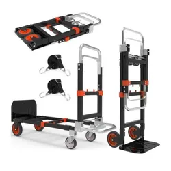 Folding hand truck and dolly set with a collapsible design, multi-position handle, and orange wheels. Includes two additional straps with hooks for securing loads.