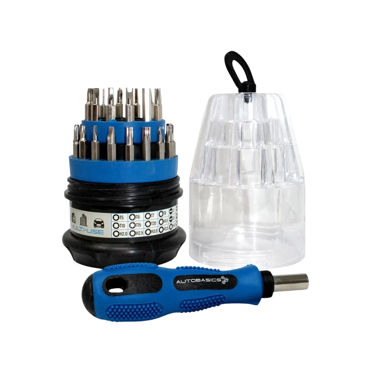 Multi-use screwdriver set with various interchangeable bits, blue and black handle, and a clear plastic storage container.