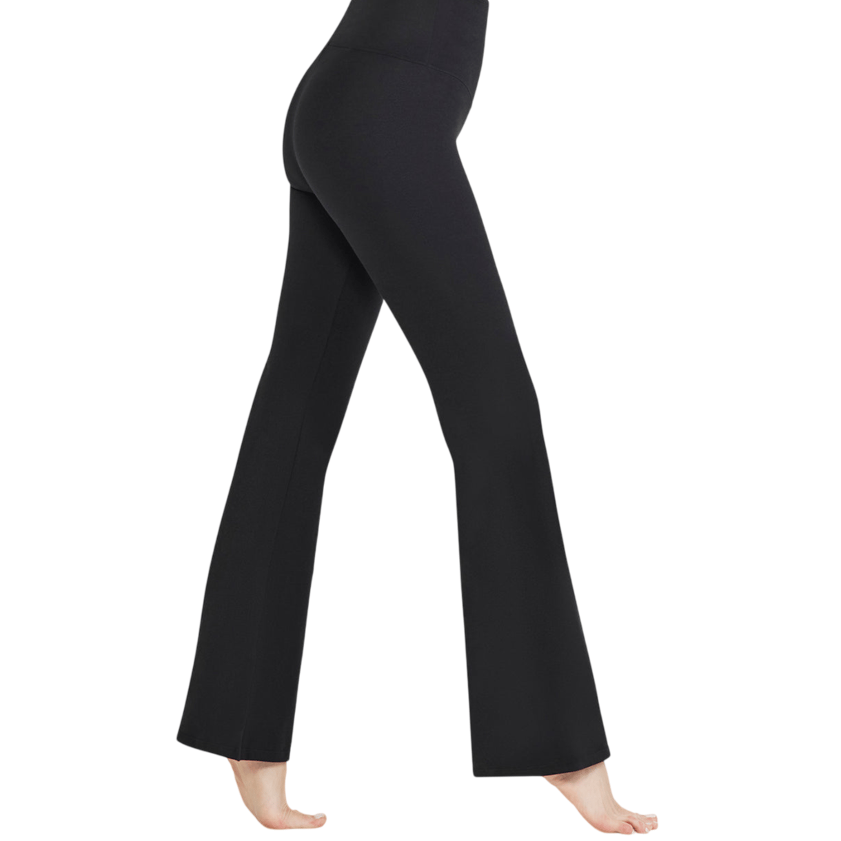 High-waisted, black flare leggings with a seamless, fitted design, suitable for casual wear or yoga.