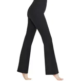 High-waisted, black flare leggings with a seamless, fitted design, suitable for casual wear or yoga.