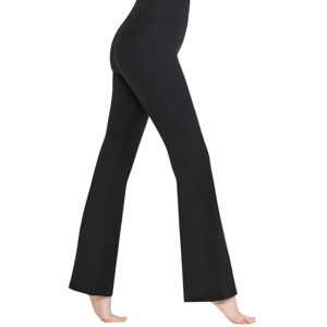 High-waisted, black flare leggings with a seamless, fitted design, suitable for casual wear or yoga.