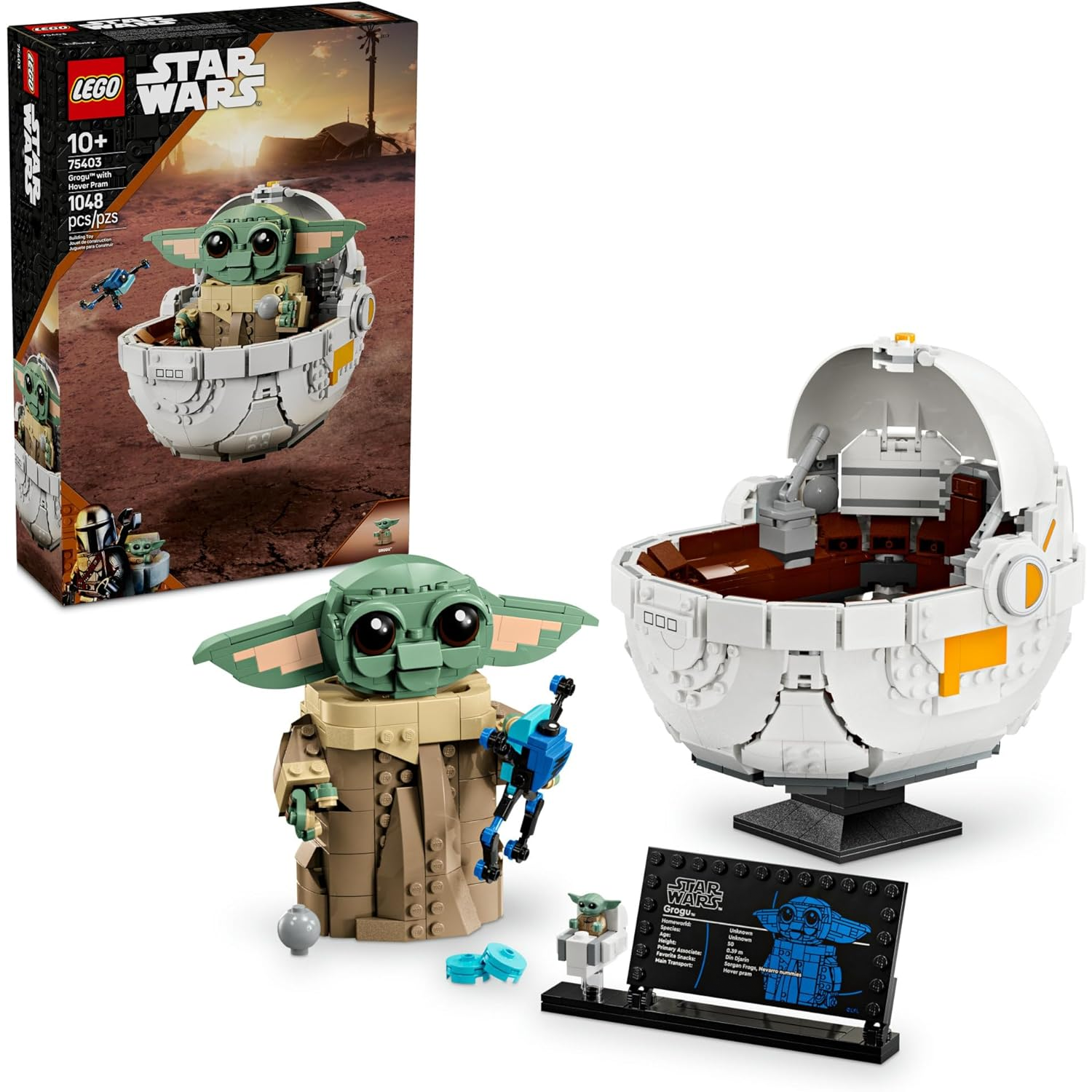 LEGO Star Wars set 75363 features Grogu and his hover-pram, including an adjustable display stand, Grogu figure, and information plaque. Suitable for ages 10+ with 1,048 pieces.