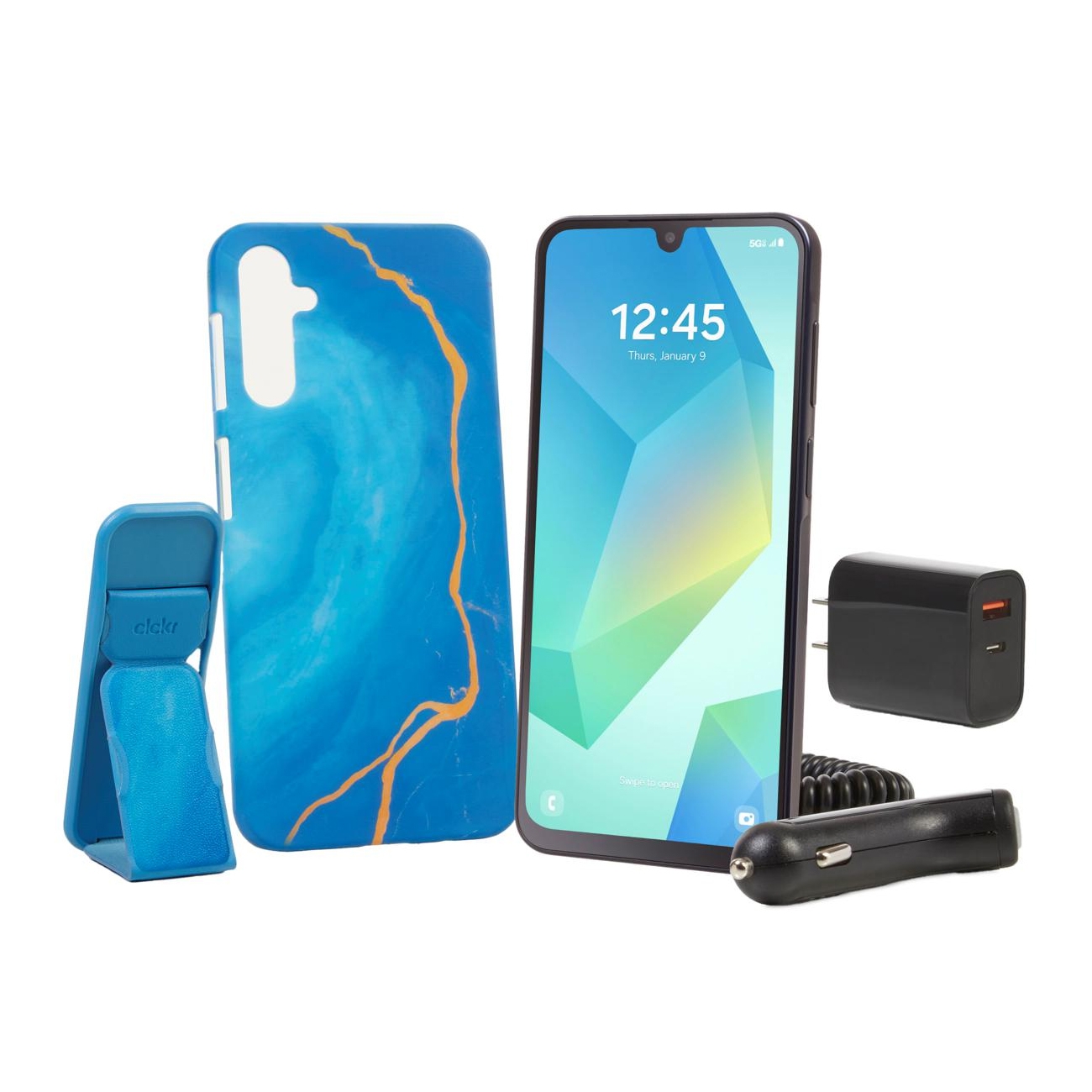 Samsung Galaxy Tracfone Bundle includes a smartphone with a colorful case, portable phone holder, wall charger, car charger, and charging cable.