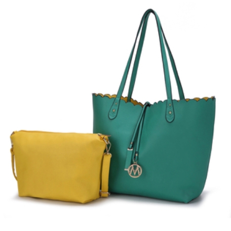 A green scalloped-edge tote bag with dual handles and a yellow crossbody bag with a shoulder strap are displayed. Both feature a matching design, complemented by a circular charm on the tote.