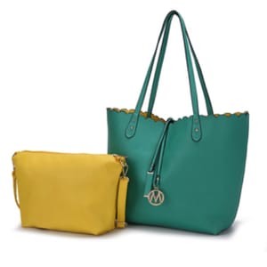 A green scalloped-edge tote bag with dual handles and a yellow crossbody bag with a shoulder strap are displayed. Both feature a matching design, complemented by a circular charm on the tote.