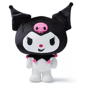A plush toy of Kuromi, a character from Sanrio, featuring a black jester hat with pink accents, a pink skull on its forehead, and a mischievous expression.