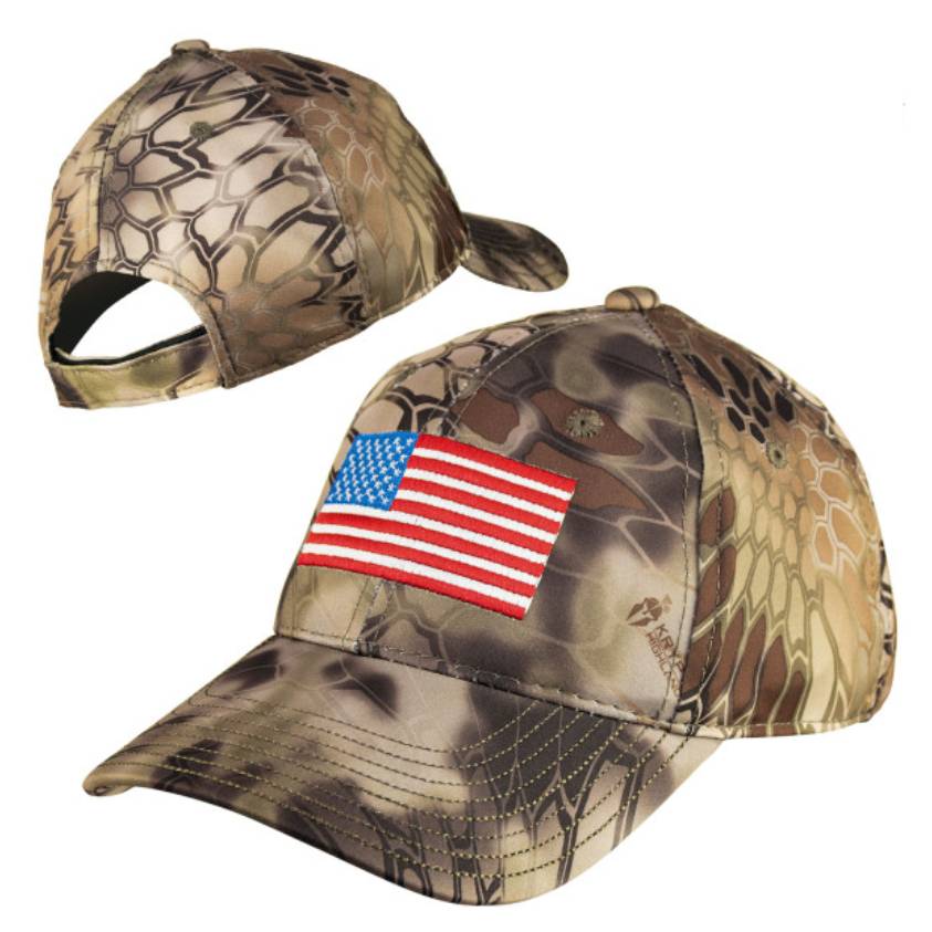 Two camouflage baseball caps, one with an American flag patch.
