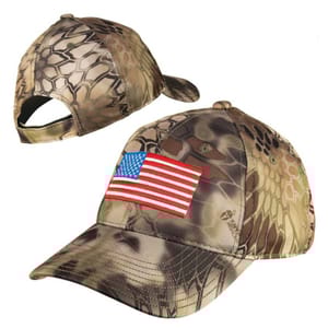 Two camouflage baseball caps, one with an American flag patch.