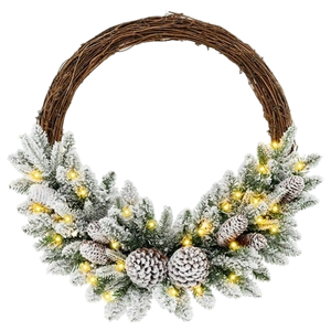 A decorative winter wreath featuring a half-circle design with snow-dusted pinecones and branches, adorned with warm white lights on a grapevine base.