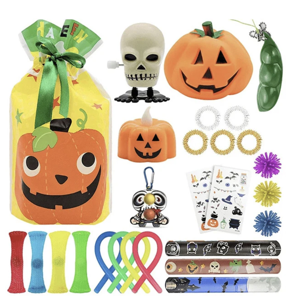 Two sets of assorted Halloween-themed toys and accessories, including pumpkin bags, skull and pumpkin figurines, novelty jewelry, colorful loom bands, stickers, and character rulers.
