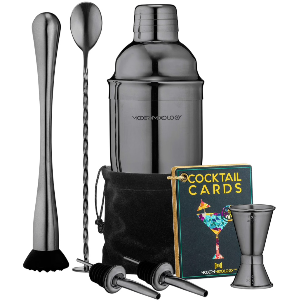 A cocktail set featuring a stainless steel shaker, muddler, twisted mixing spoon, jigger, pour spouts, velvet pouch, and cocktail cards.