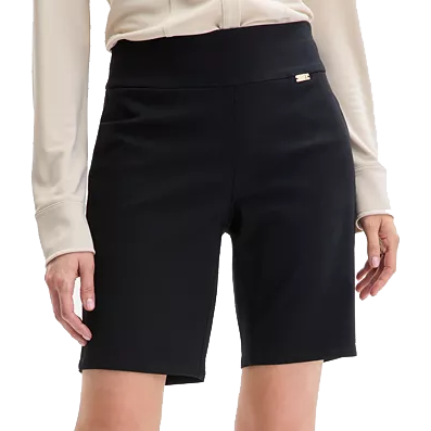 Stretchy pull-on Bermuda shorts in black with a high waistband and straight-cut legs, featuring a small metallic logo detail on the waistband.