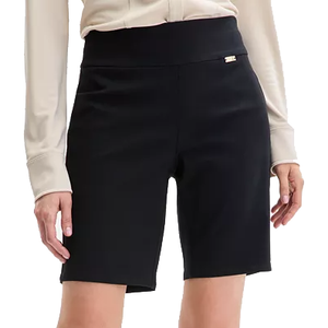 Stretchy pull-on Bermuda shorts in black with a high waistband and straight-cut legs, featuring a small metallic logo detail on the waistband.